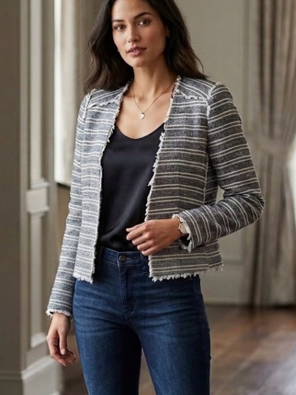 Mango Suit Collection Striped Frayed Tweed Jacket Blazer Parisian Nautical Luxe